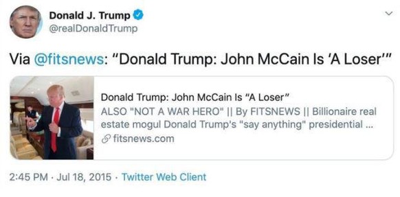 Donald Trump teilte 2015 auf Twitter einen Artikel, in dem er McCain als «Verlierer» bezeichnete.