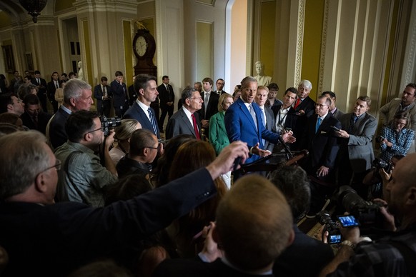 epa13059267 US Senate Majority Leader John Thune (R-SD) speaks to reporters at the weekly Senate Republican leadership press conference following party luncheons at the US Capitol in Washington, DC, U ...