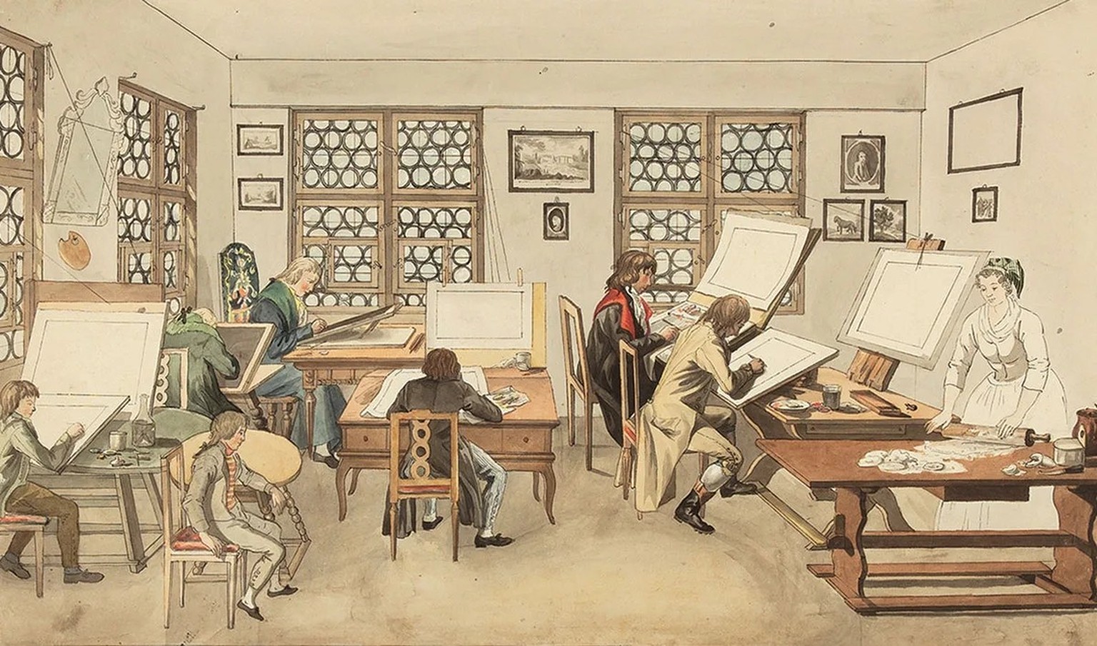 In sogenannten Koloristenateliers entstanden bunte Bilder zu einem günstigen Preis. Bild von Gabriel Lory aus dem Jahr 1784.