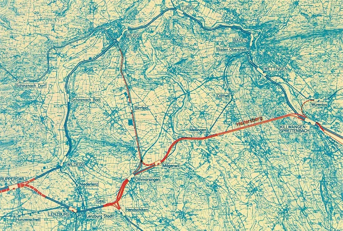 La ligne de l’Heitersberg relie Lenzbourg à Killwangen-Spreitenbach. Carte de 1975.