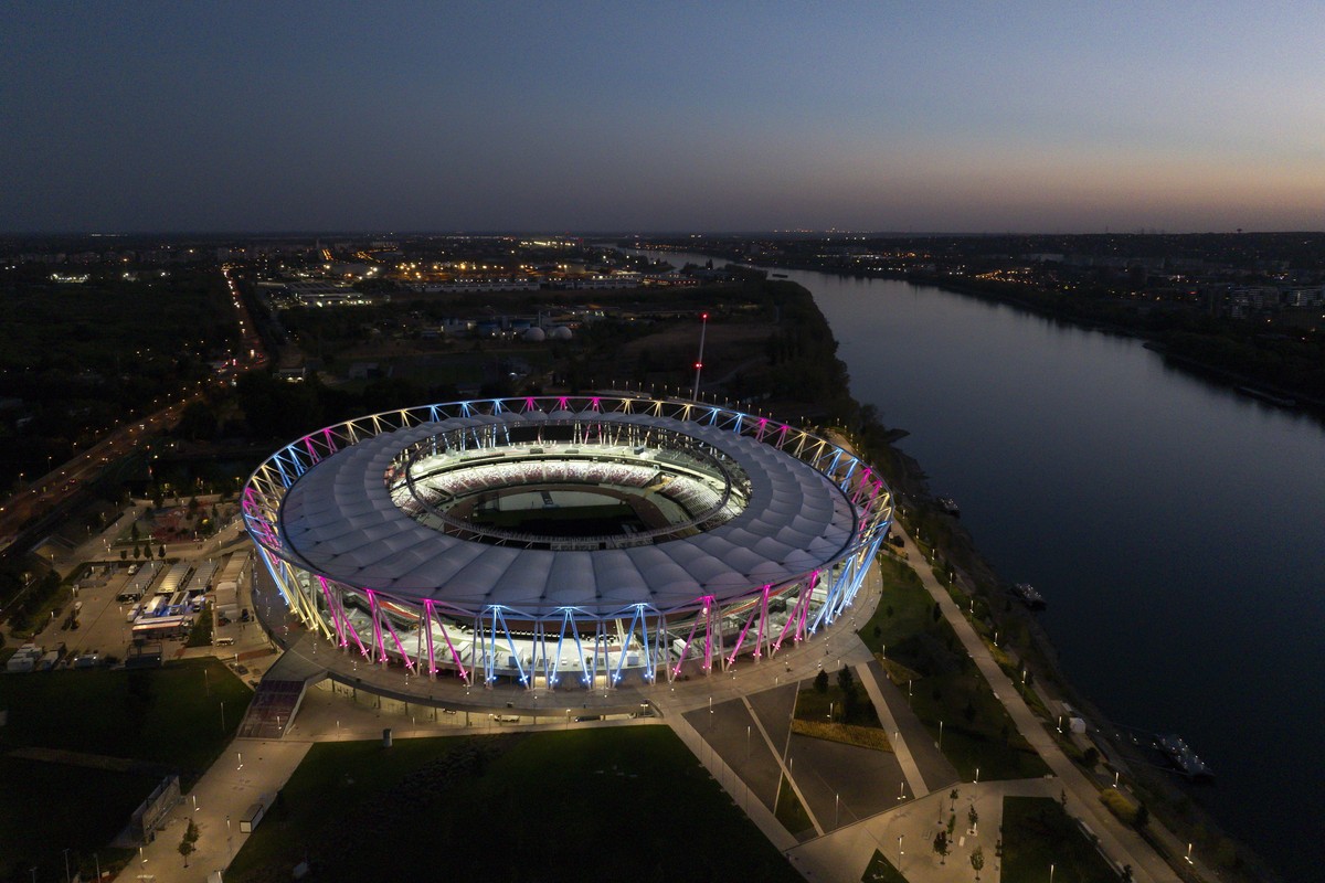 epa13223714 An image taken with a drone shows the Gyula Zsivotzky National Athletics Centre that will be the venue of the World Athletics Ultimate Championship in Budapest, Hungary, 08 September 2026. ...