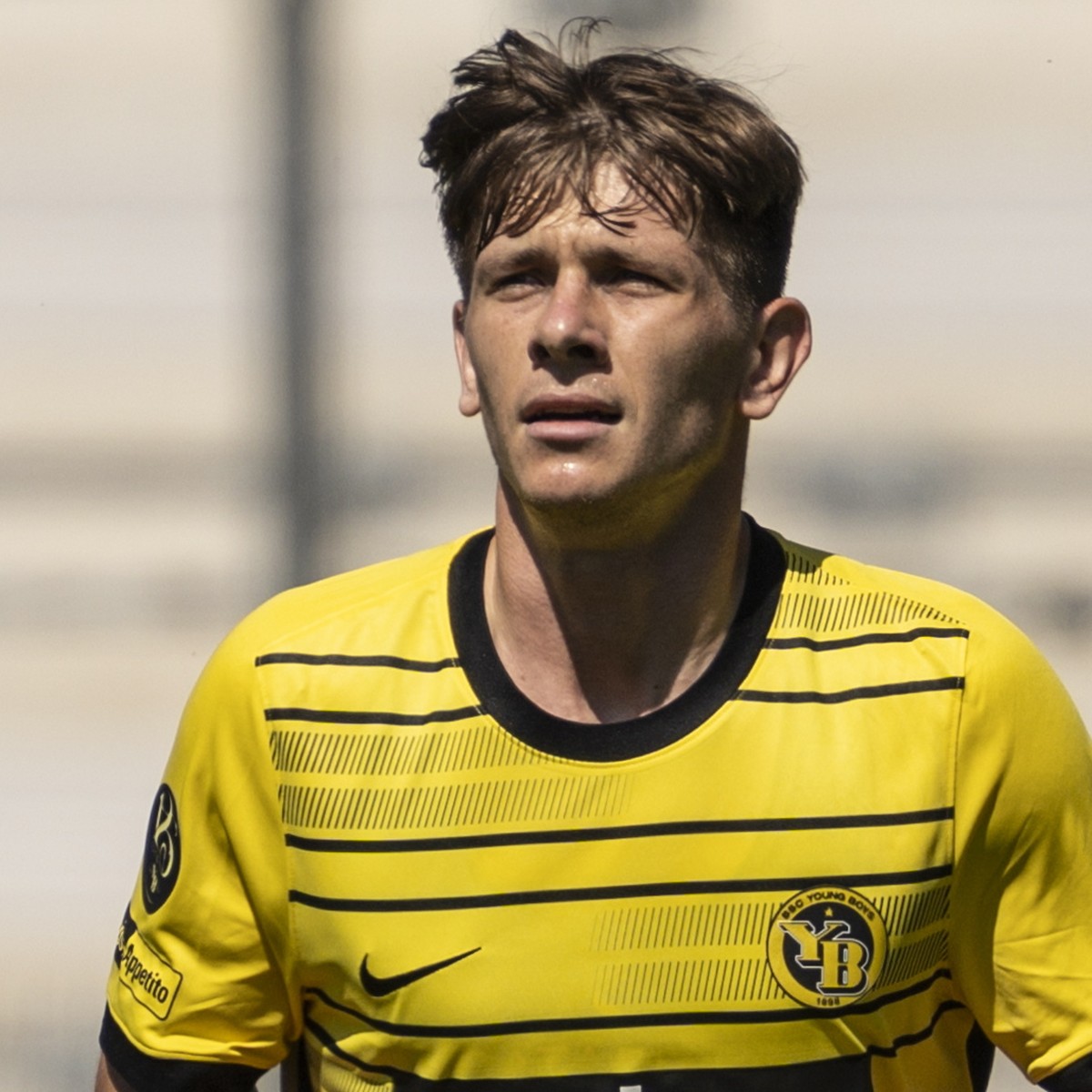 epa10734394 YB's Lukasz Lakomy, right, celebrates after scoring to 1:0 next to Hertha's Jeremy Dudziak, during the friendly soccer match between BSC Young Boys Bern and Hertha BSC, in Biel,  ...
