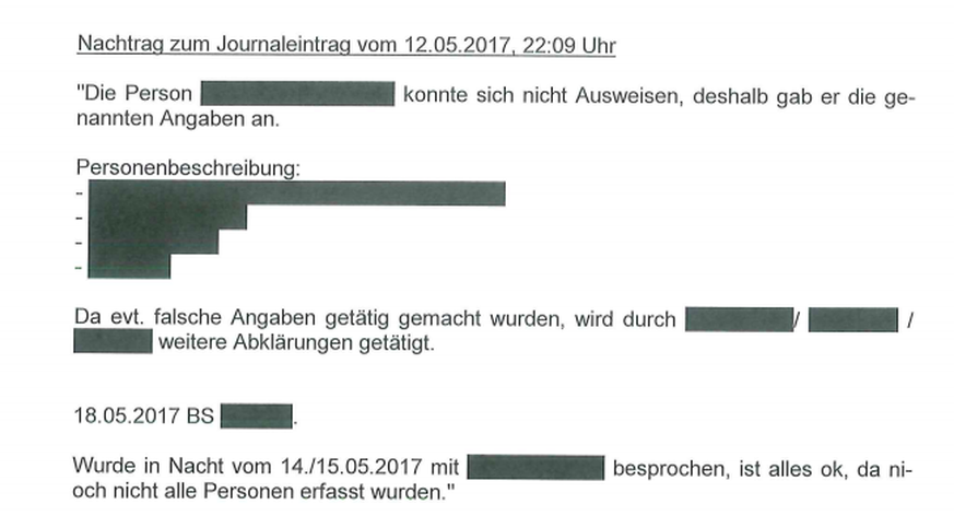 Auszug aus einem Journaleintrag der Kapo Bern