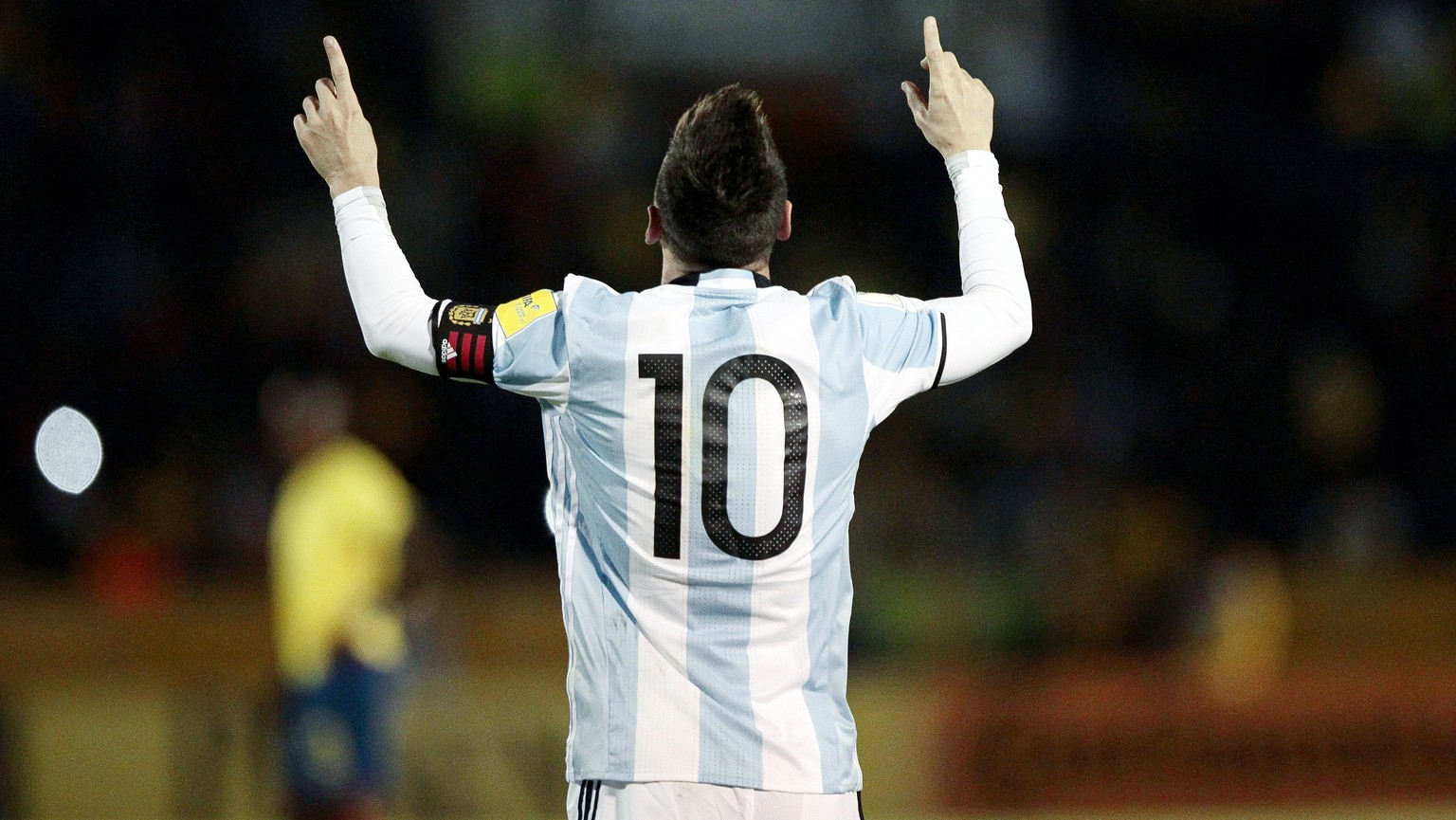 epa06258029 Argentina&#039;s Lionel Messi celebrates after scoring the FIFA World Cup 2018 qualifying soccer match between Ecuador and Argentina at the Atahualpa Stadium in Quito, Ecuador, 10 October  ...