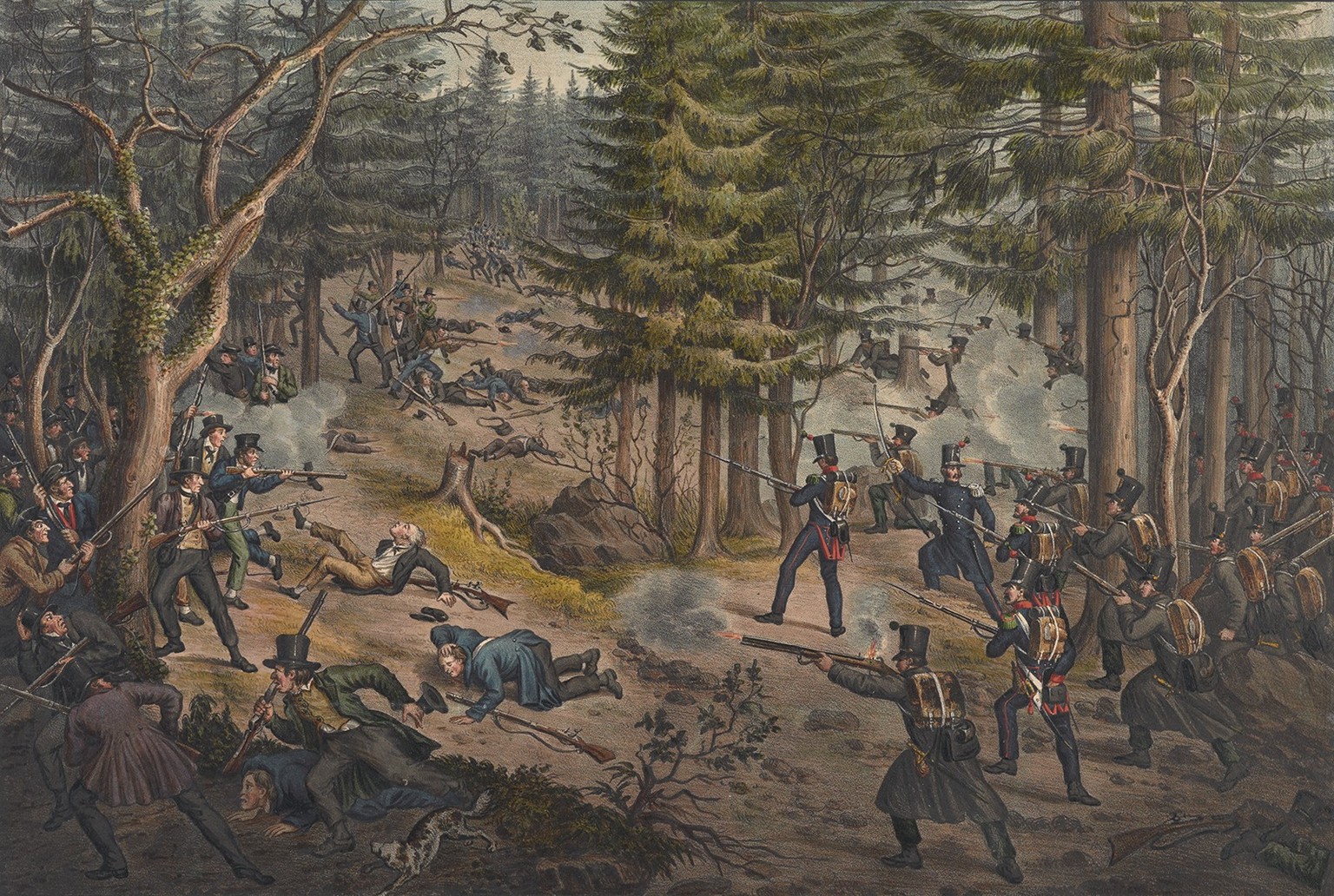 Gefecht im Wald auf dem Gütsch bei Luzern während des zweiten Freischarenzugs von 1845.
