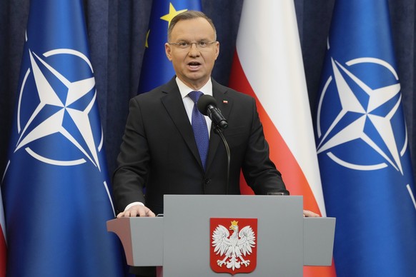 Poland&#039;s President Andrzej Duda gives a statement to the media in Warsaw, Poland, Wednesday Jan. 10, 2024, after the arrest of two politicians convicted of abuse of power who had taken refuge for ...