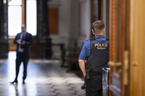 Ein Polizist des Bundesamts fuer Polizei Fedpol bewacht den Eingang zum Vorzimmer des Nationalrats, waehrend der Sondersession des Nationalrats, am Dienstag, 6. Mai 2025 im Nationalrat in Bern. (KEYST ...
