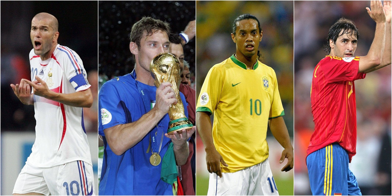 Verliessen die grosse internationale Bühne an der WM 2006 unter unterschiedlichen Umständen: Zinédine Zidane, Francesco Totti, Ronaldinho und Raul Gonzalez (v. l.).