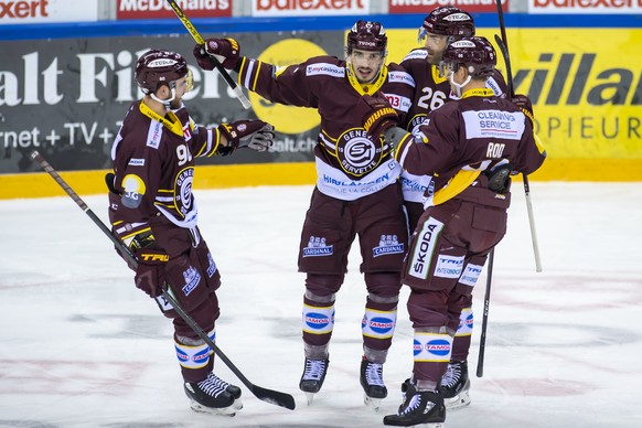 Les joueurs genevois laissent eclater leur joie, lors du match du championnat suisse de hockey sur glace de National League LNA, entre le Geneve Servette HC et le HC Lugano, ce jeudi 7 janvier 2021 a  ...