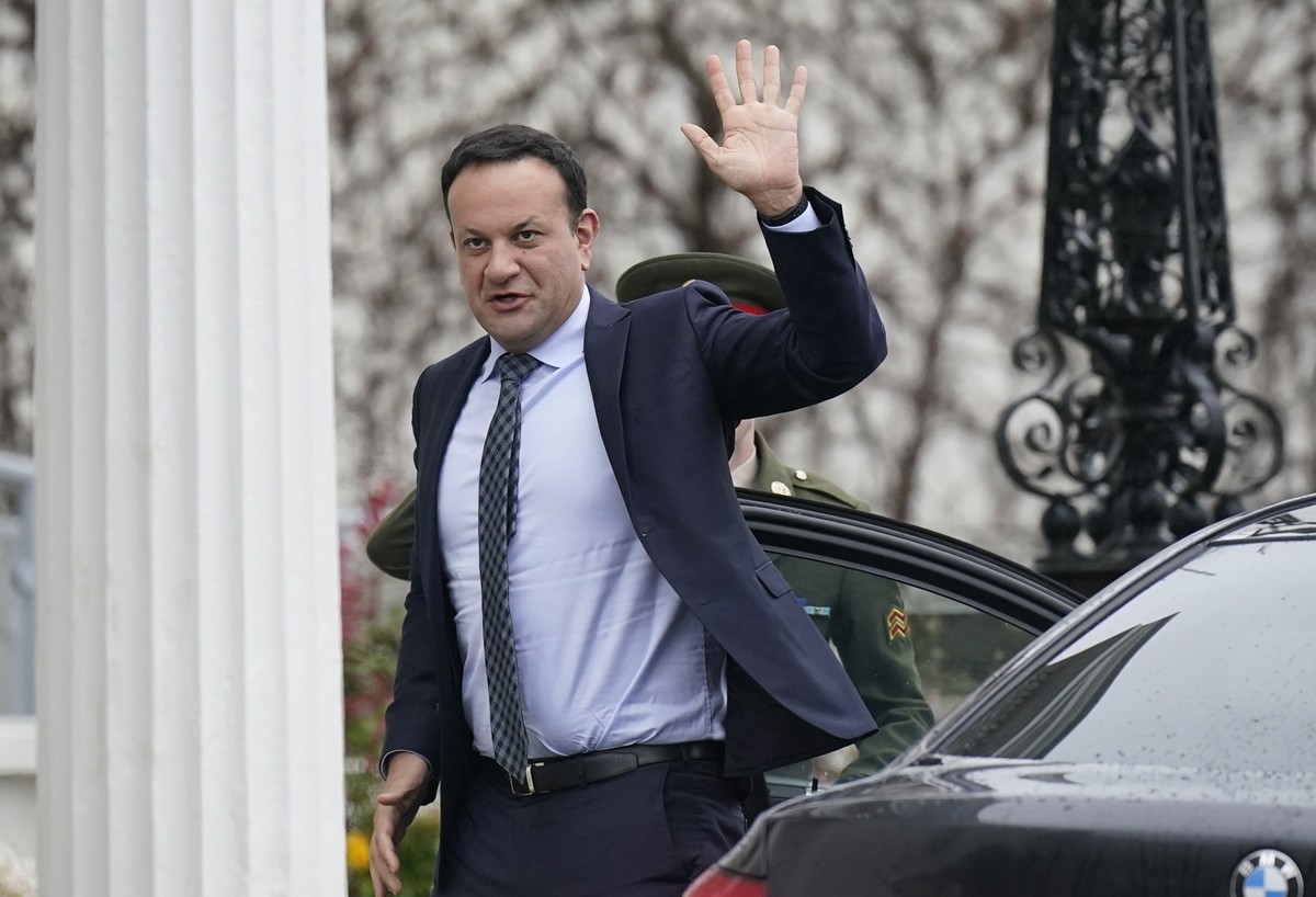Leo Varadkar arrives at Aras an Uachtarain in Dublin, Ireland, Monday April 8, 2024, to tender his resignation as Prime Minister to President of Ireland Michael D Higgins. (Niall Carson/PA via AP)