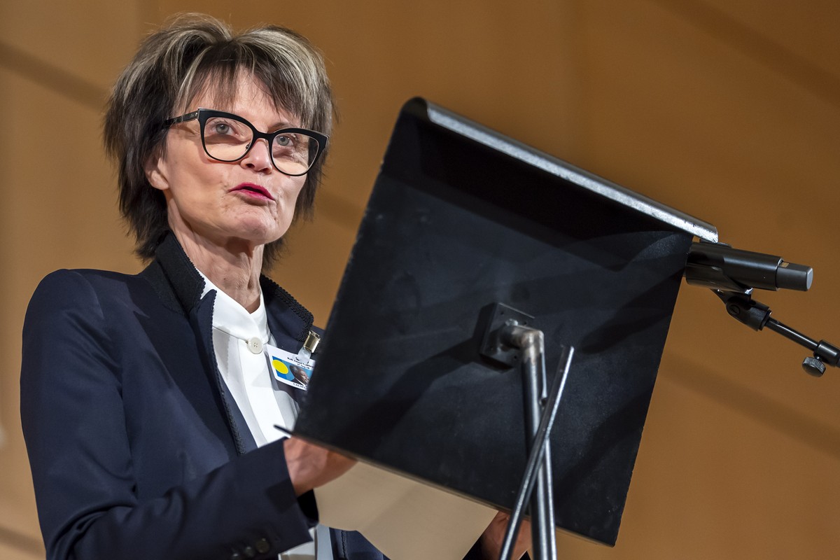 Micheline Calmy-Rey, former President of the Swiss Confederation, speaks, during a celebration of Kofi Annan's Life, in the Assembly Hall at the European headquarters of the United Nations in Gen ...