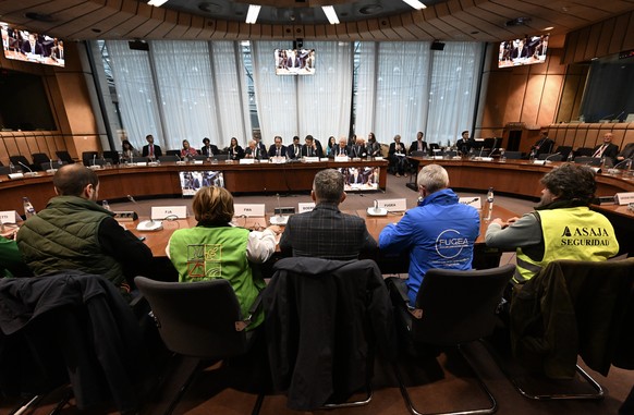 epa11182974 European representatives of young farmers (front) attend a meeting as part of an invitation from the Belgian Presidency and the European Commission at the EU Council building in Brussels, ...