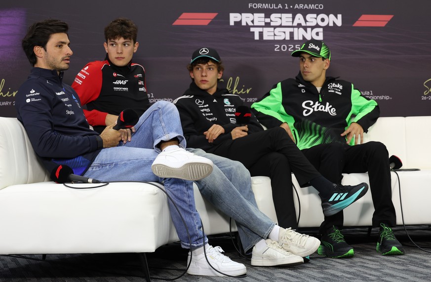 epa11929774 (L-R) Williams driver Carlos Sainz Jr of Spain, Haas driver Oliver Bearman of Britain, Mercedes driver Andrea Kimi Antonelli of Italy, and Kick Sauber driver Gabriel Bortoleto of Brazil, a ...