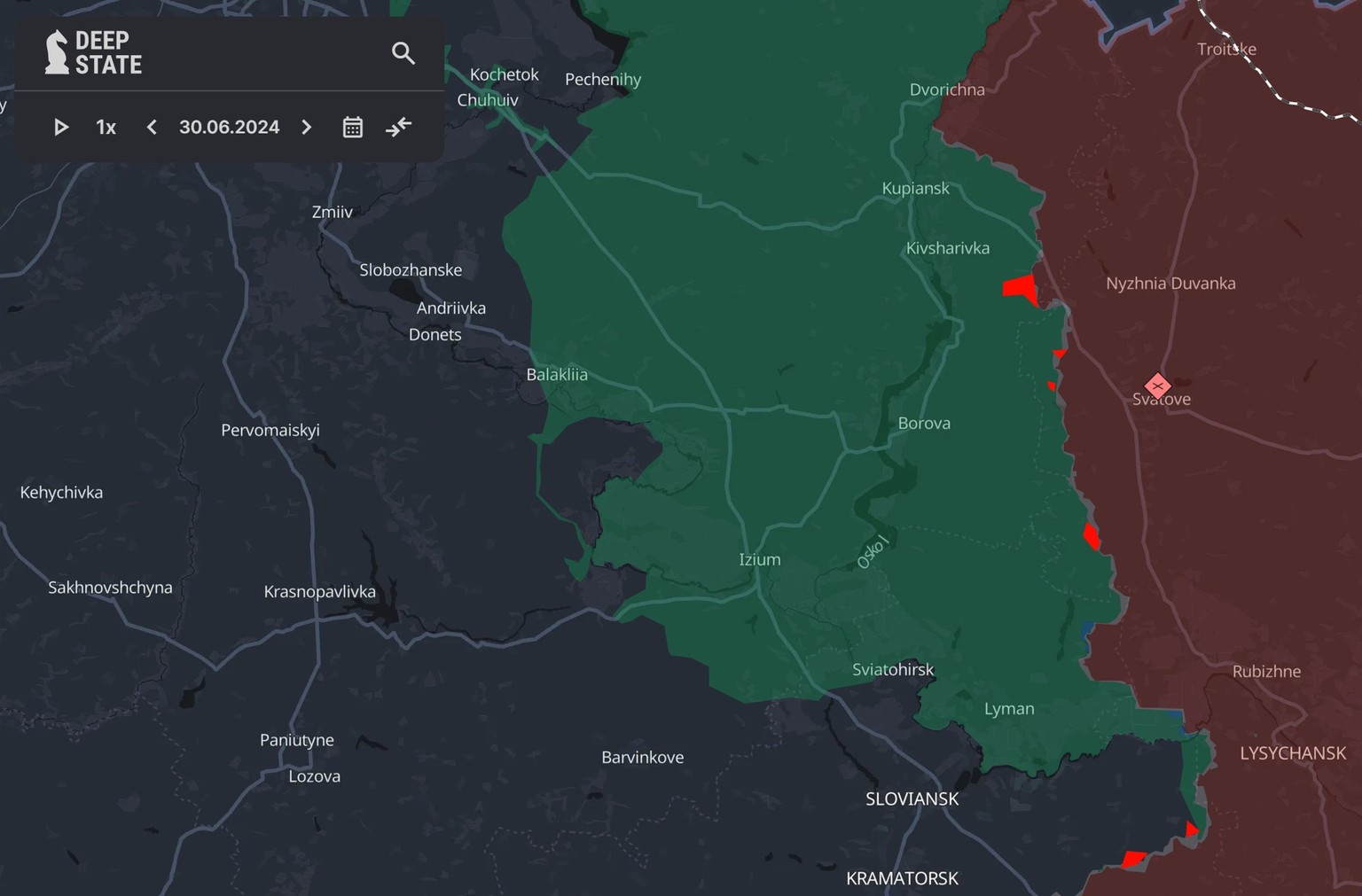 Weiter nördlich fallen die Gebietsverluste (rot) der Ukraine (im Juli) wesentlich geringer aus.