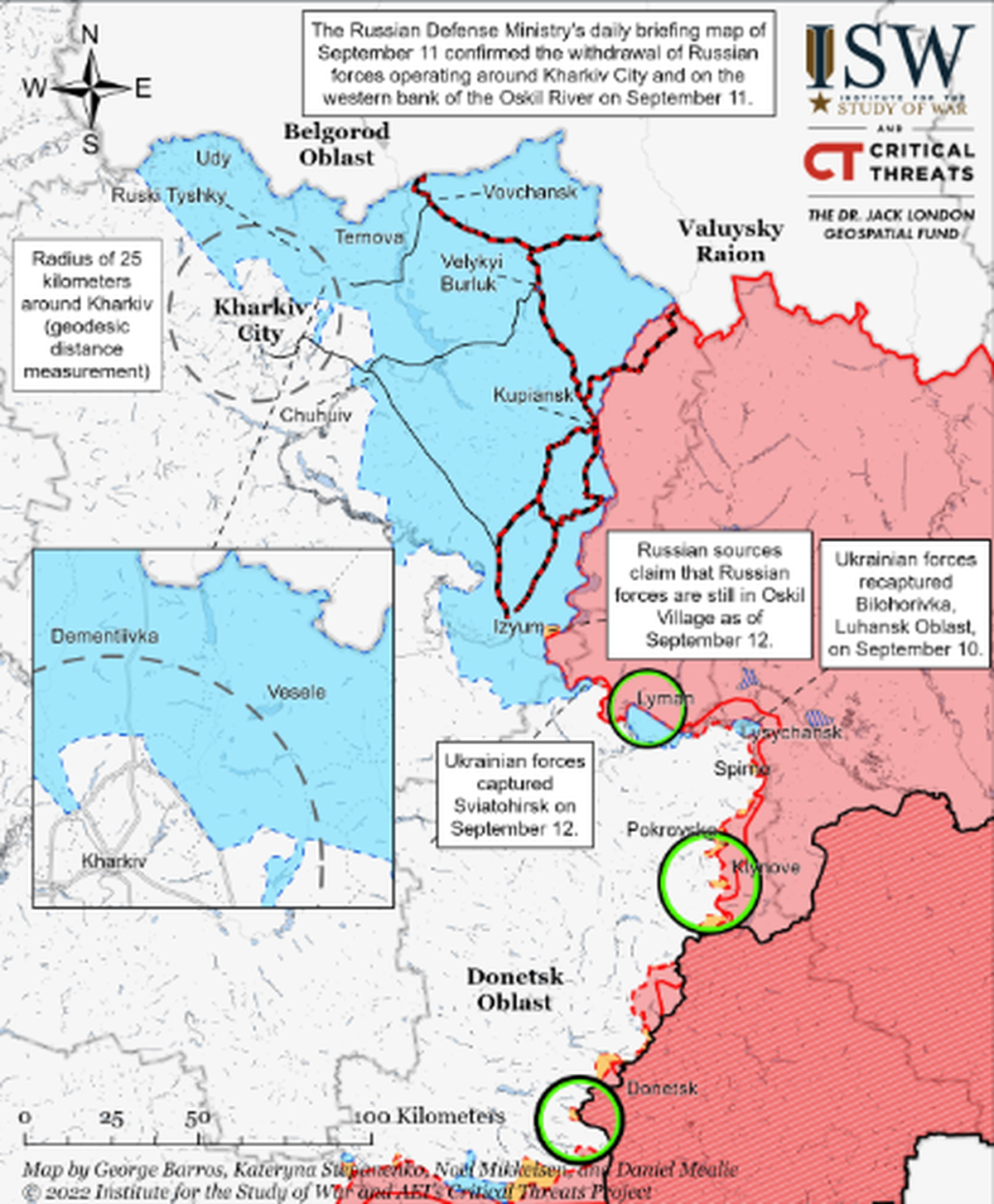 Die Gebietsgewinne im Nordosten. Rechts von der Mitte ist das kleine blaue Feld bei Lyssytschansk zu sehen.