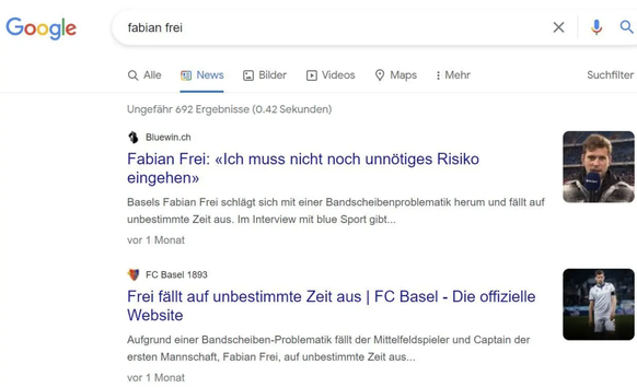 So sah das Suchresultat von Fabian Frei aus.