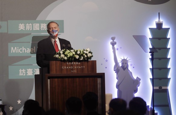 Former U.S. Secretary of State Mike Pompeo delivers a speech in Taipei, Taiwan, Friday, March 4, 2022. (AP Photo/Chiang Ying-ying)