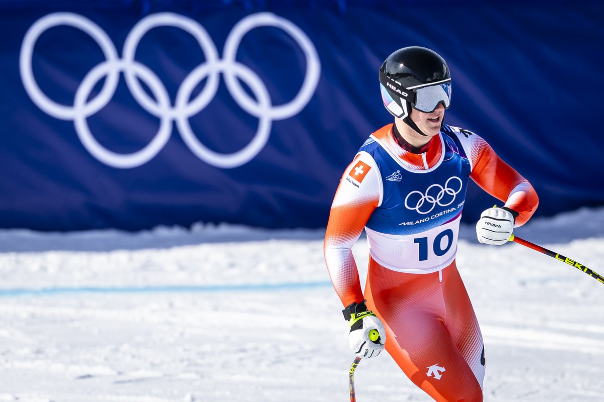 Switzerland's Franjo von Allmen at the finish area during the men's second official alpine skiing downhill training at the 2026 Olympic Winter Games at the Stelvio Ski centre in Bormio, Ital ...