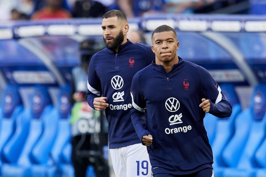 France v Croatia: UEFA Nations League - League Path Group 1 Kylian Mbappe Paris Saint-Germain and Karim Benzema Real Madrid of France during the warm-up before the UEFA Nations League League A Group 1 ...