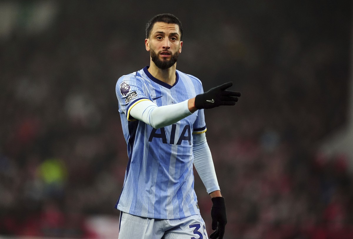 Tottenham Hotspur's Rodrigo Bentancur gestures during the English Premier League soccer match between Nottingham Forest and Tottenham Hotspur at the City Ground stadium in Nottingham, England, Th ...