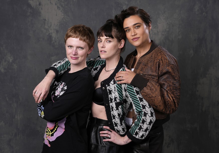 Rose Glass, left, director/co-writer of the film &quot;Love Lies Bleeding,&quot; poses with cast members Kristen Stewart, center, and Katy M. O&#039;Brian at the Four Seasons Hotel, Monday, March 4, 2 ...