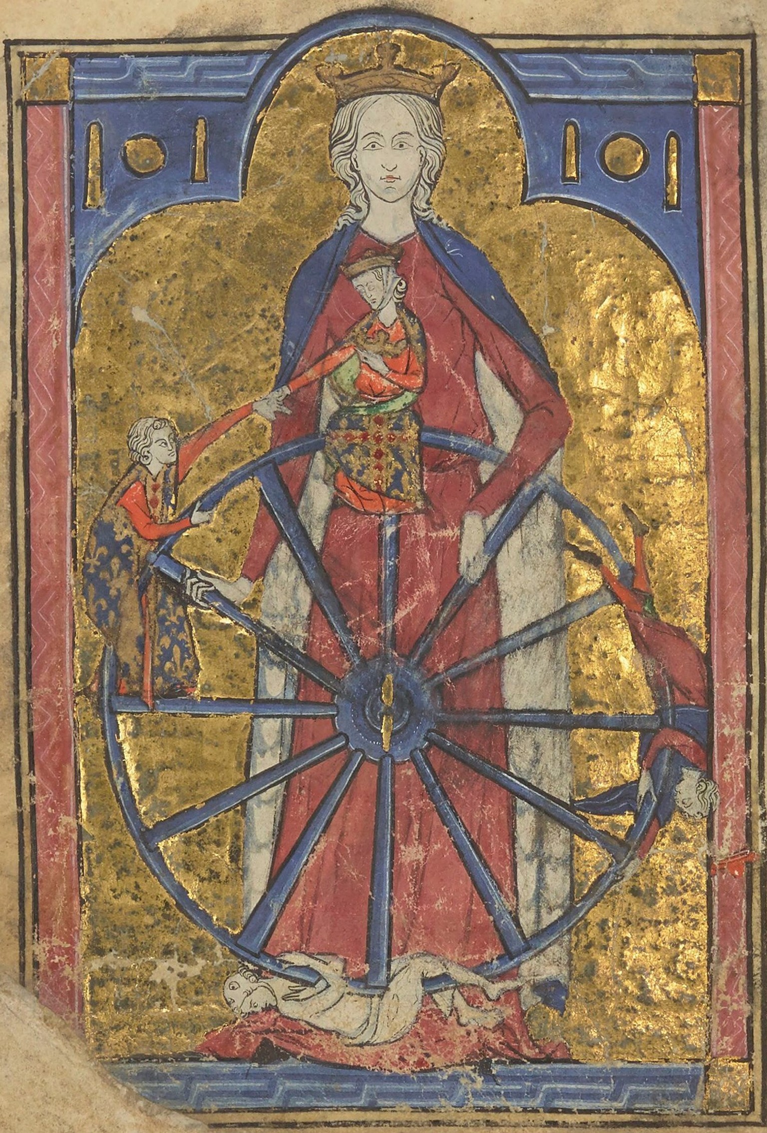 Illustration zum Roman de la poire – Roman von der Birne, Frankreich, vor 1300. Die einen stürzen verlassen ins Elend der Einsamkeit, rechts und unten; die Frau hat sogar ihren Mantel verloren. Andere ...