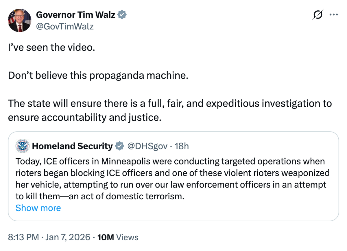 Minnesotas Gouverneur Tim Walz bezieht Stellung zur Erschiessung einer Frau in Minneapolis am 7. Januar 2026.