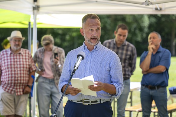 State Councillor Norman Gobbi during the commemoration of the anniversary of the flooding in Val Lavizzara on the Piano di Peccia, Switzerland, Sunday 29 June 2025. (KEYSTONE/Ti-Press/Pablo Gianinazzi ...