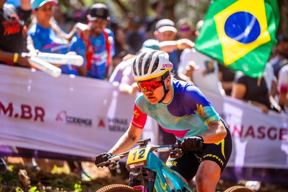 Sina Frei of Switzerland, in action during the Cross Country Women Elite, XCO, WHOOP UCI Mountain Bike World Series, on Sunday, April 21, 2023, in Araxa, Brazil. (KEYSTONE/Maxime Schmid)