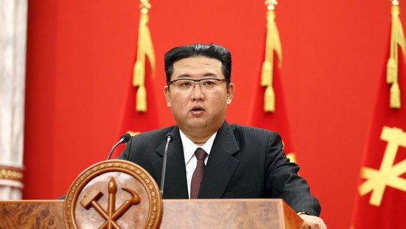 epa09517870 A photo released by the official North Korean Central News Agency (KCNA) shows Kim Jong-Un, general secretary of the Worker's Party of Korea, giving a speech during a commemorative lecture ...