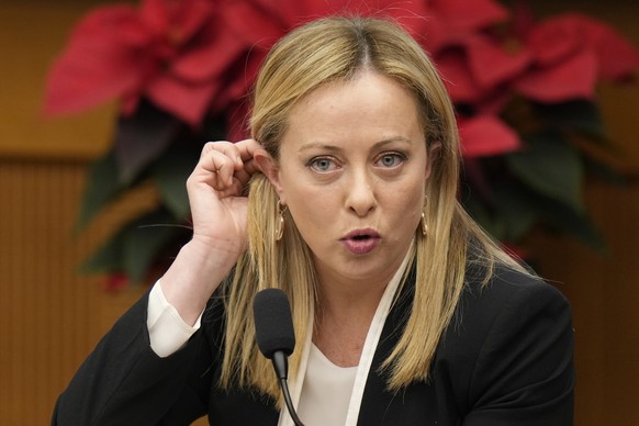 Italian Premier Giorgia Meloni holds her year-end press conference in Rome, Thursday, Dec. 29, 2022. (AP Photo/Alessandra Tarantino)