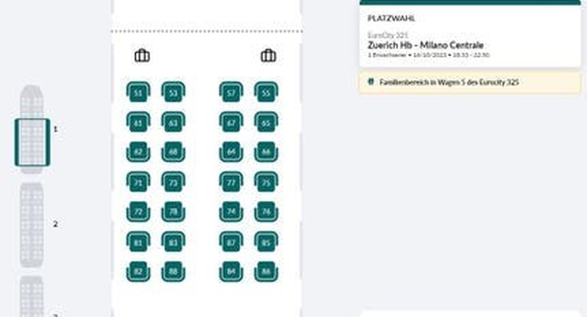 SBB-Eurocity nach Mailand: Bei der schweizerischen Bahn gibt es eine rudimentäre Auswahl, bei Trenitalia ebenfalls eine sitzplatzgenaue.
