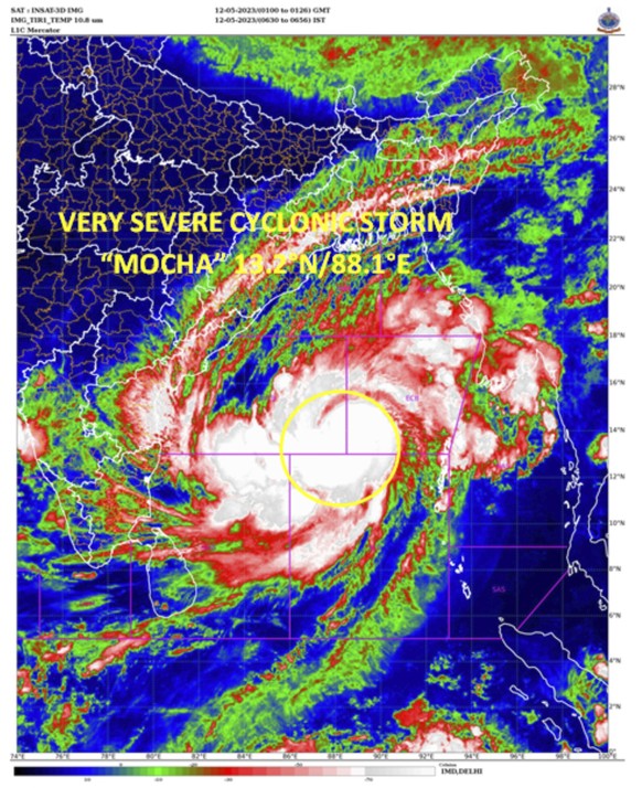This satellite image provided by India Meteorological Department shows storm Mocha intensify into a very severe cyclonic storm. Authorities in Bangladesh and Myanmar prepared to evacuate hundreds of t ...