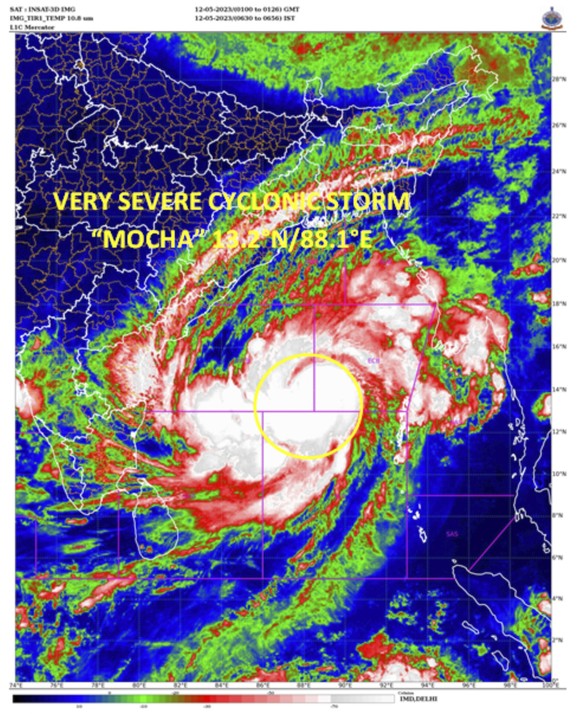 This satellite image from the Meteorological Department of India shows Storm Mocha developing into a very severe cyclonic storm.  Authorities in Bangladesh and Myanmar prepare to evacuate hundreds of ...