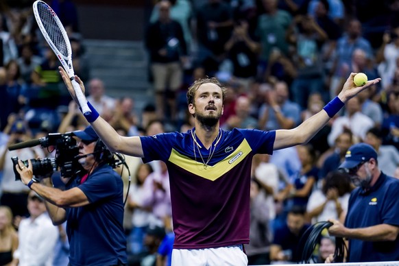 epa10849866 Daniil Medvedev of Russia reacts after defeating Carlos Alcaraz of Spain during their men&#039;s singles semifinal round match during the US Open Tennis Championships at the USTA National  ...
