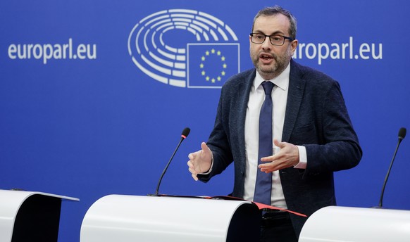 epa11082704 Member of European Parliament Iban Garcia del Blanco speaks during a press conference on &#039;Cultural diversity and the conditions for authors in the European music streaming market&#039 ...