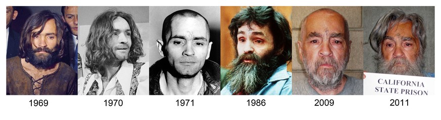 This combo of photographs shows how Charles Manson has looked over the years from 1969 up to the most recently released photo in 2011. Manson is scheduled to have a parole hearing at Corcoran State Pr ...