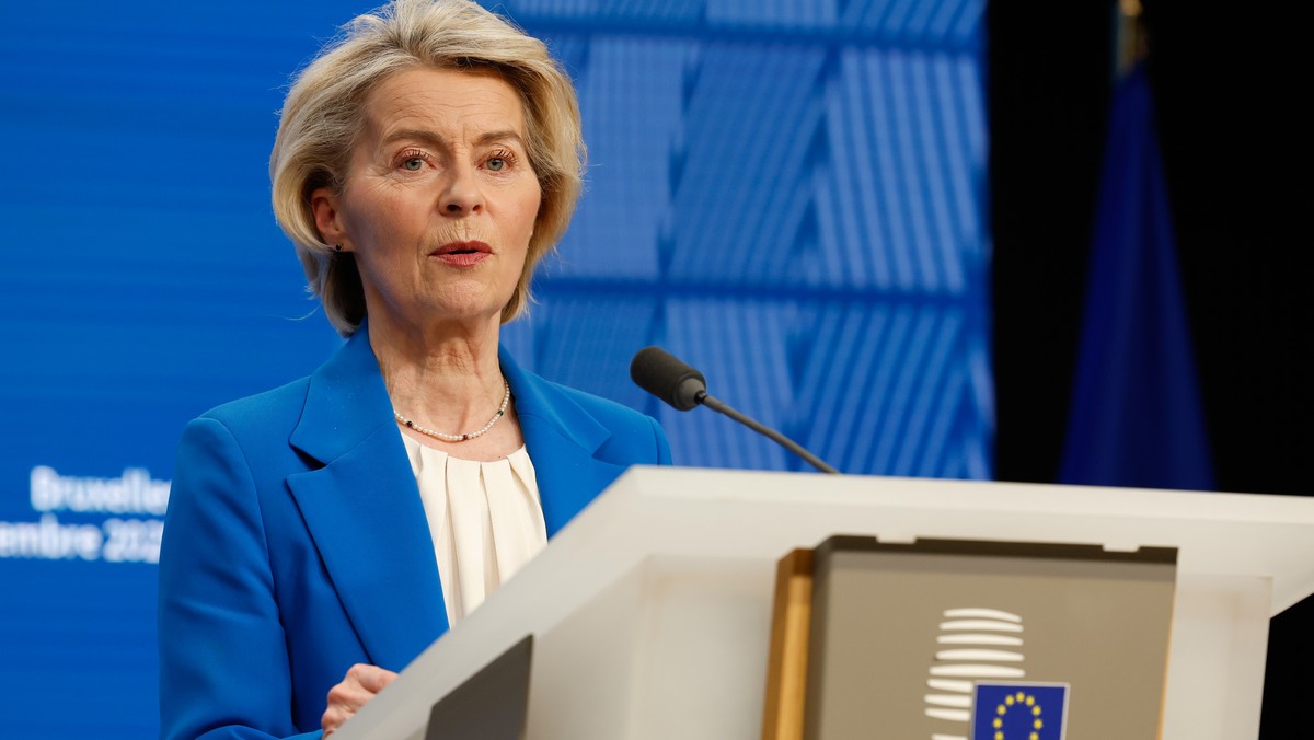 European Commission President Ursula von der Leyen speaks during a media conference at the EU Summit in Brussels, Friday, Dec. 19, 2025. (AP Photo/Geert Vanden Wijngaert)
Belgium Europe Summit