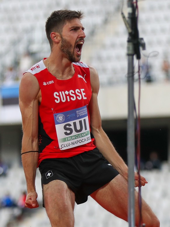 Loic Gasch (SUI) jubelt ueber seinen gelungenen Versuch ueber 2.23 m im Hochsprung, bei den European Athletics Team Championships First League in Cluj, Rumaenien, am Samstag, 19. Juni 2021. (KEYSTONE/ ...