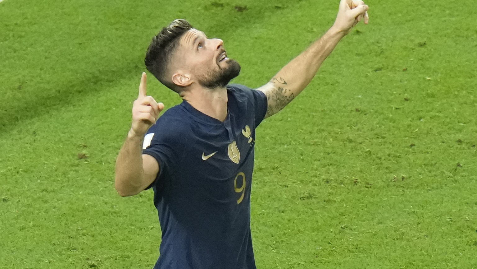France's Olivier Giroud celebrates after scoring during the World Cup group D soccer match between France and Australia, at the Al Janoub Stadium in Al Wakrah, Qatar, Tuesday, Nov. 22, 2022. (AP Photo ...