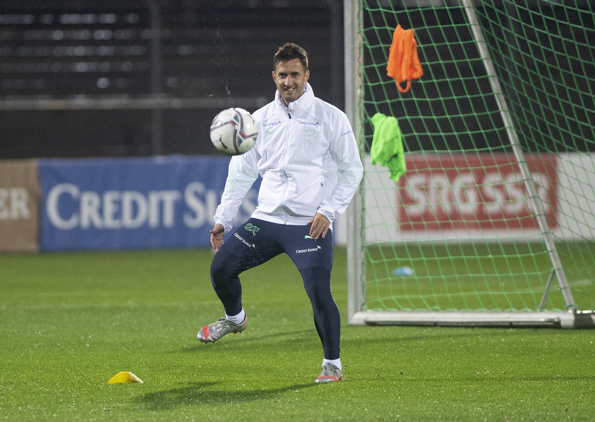Mario Gavranovic beim Training der Schweizer Fussball-Nationalmannschaft, am Samstag, 13. November 2021, in Lugano. (Keystone/Ti-Press/Samuel Golay)