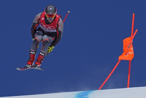 Aleksander Aamodt Kilde of Norway makes a jump during men&#039;s downhill training at the 2022 Winter Olympics, Friday, Feb. 4, 2022, in the Yanqing district of Beijing. (AP Photo/Robert F. Bukaty)