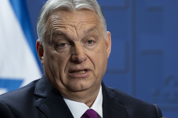 FILE - Hungarian Prime Minister Viktor Orban speaks during a press statement at the Carmelite Monastery in the Buda Castle in Budapest, Hungary, Thursday, April 3, 2025. (AP Photo/Denes Erdos, File)
H ...