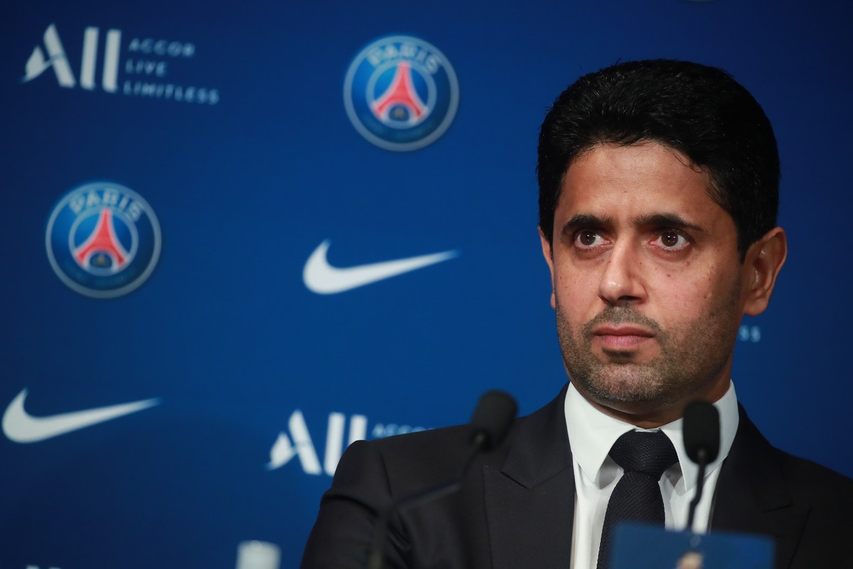 epa09409504 Paris Saint-Germain's president Nasser Al-Khelaifi during Argentinian striker Lionel Messi's (unseen) press conference as part of his official presentation at the Parc des Prince ...