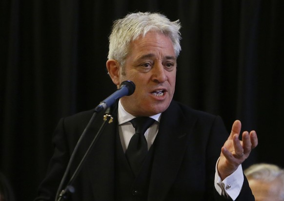 FILE - In this file photo dated Thursday, March 22, 2018, John Bercow, Speaker of the House of Commons speaks at Westminster Hall inside the Palace of Westminster in London. As Brexit enters its endga ...