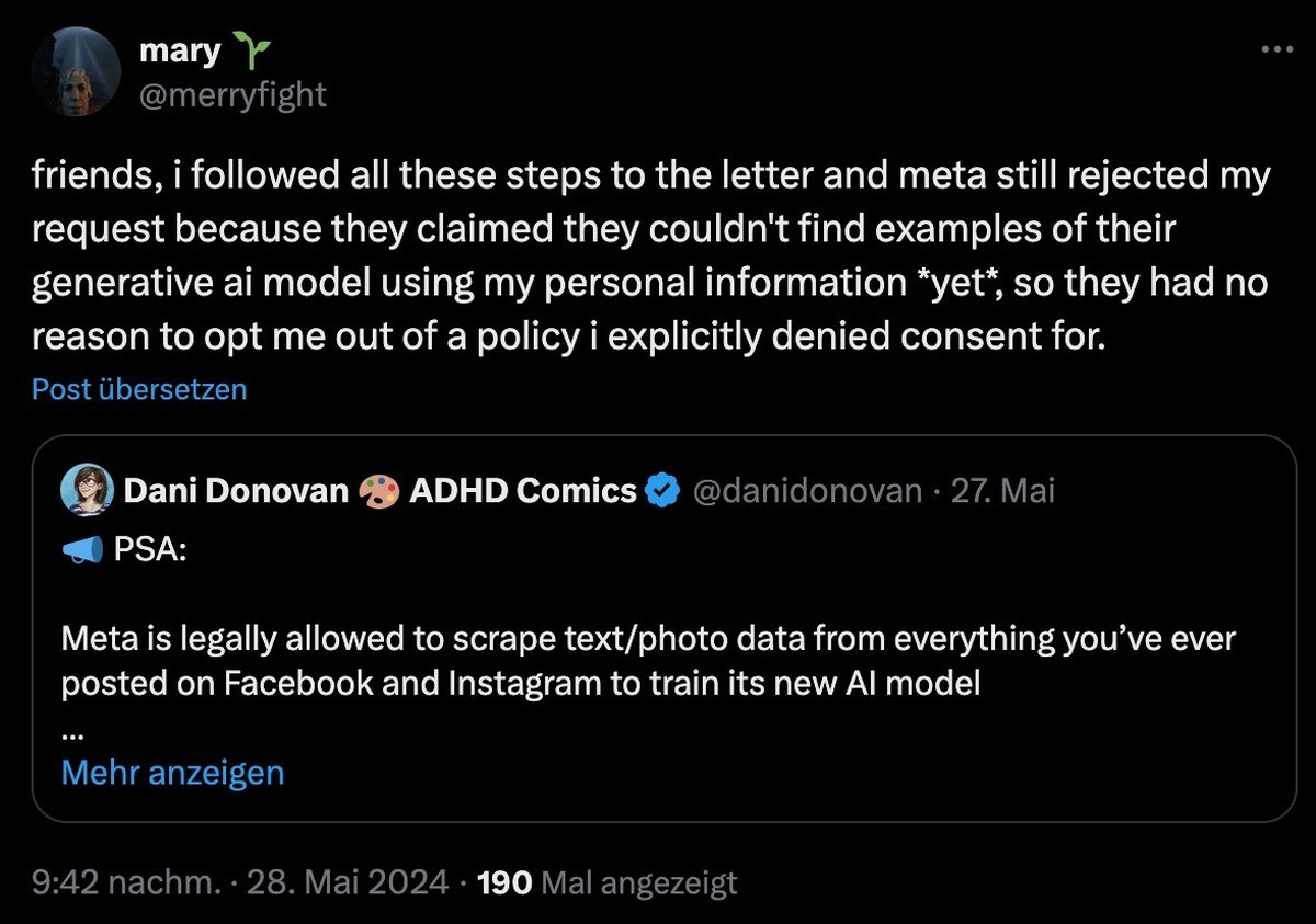 Screenshot: x.com Tweet zum KI-Widerspruchsrecht bei Meta.