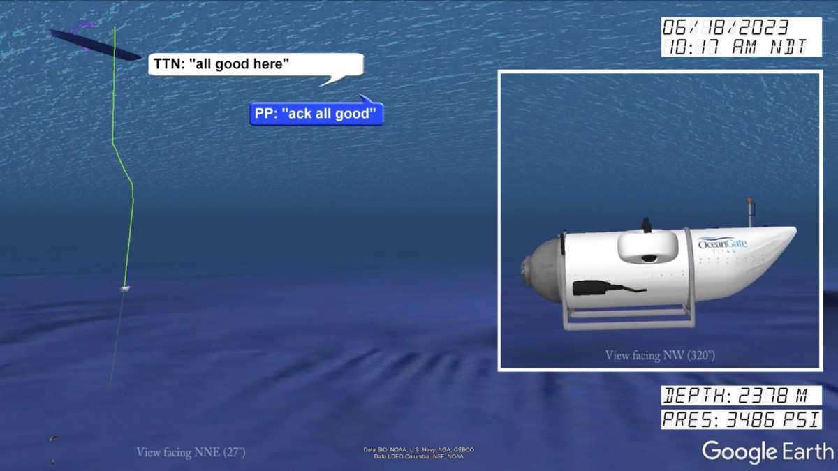 In a still from from a video animation provided by the United States Coast Guard an illustration of the Titan submersible, right, is shown near the ocean floor of the Atlantic Ocean, as June 18, 2023  ...