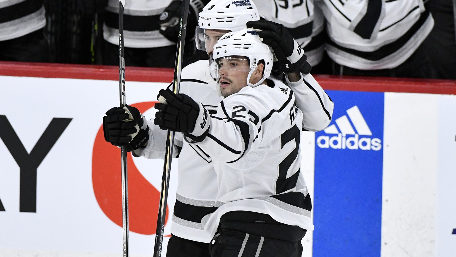 Los Angeles Kings&#039; Kevin Fiala (22) celebrates his goal against the Winnipeg Jets with teammate Matt Roy (3) during the second period of an NHL hockey game in Winnipeg, Manitoba, on Monday, April ...