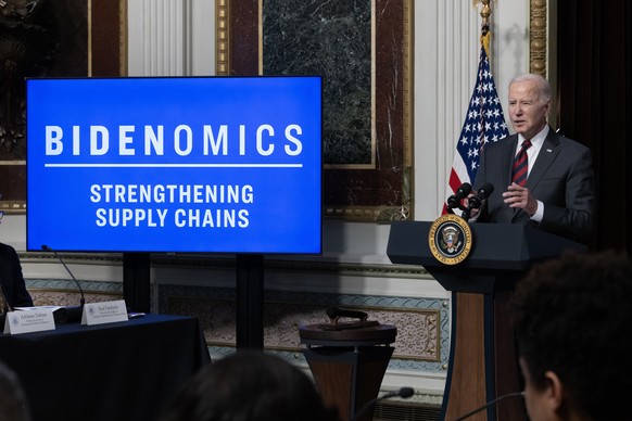 epa10998183 US President Joe Biden delivers remarks during an event to discuss efforts to reduce costs for customers by strengthening supply chains in the economy, in the Indian Treaty Room of the Eis ...