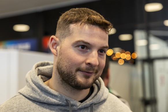 Austria&#039;s forward Dominic Zwerger speaks with to media in the mixed zone one day before the IIHF 2025 World Championship quarter final game against Switzerland, at the Jyske Bank Boxen, in Hernin ...